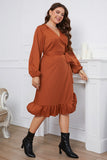 Vestido de Verano Marrón Mangas Largas Talla Grande Volantes