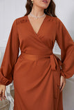 Vestido de Verano Marrón Mangas Largas Talla Grande Volantes