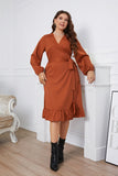 Vestido de Verano Marrón Mangas Largas Talla Grande Volantes