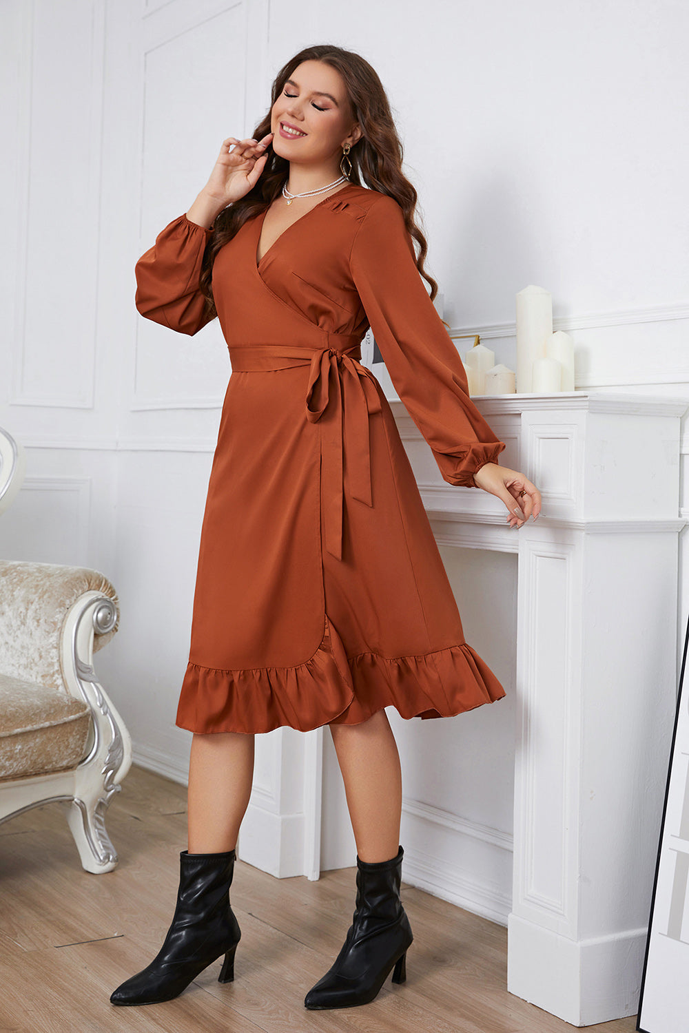 Vestido de Verano Marrón Mangas Largas Talla Grande Volantes