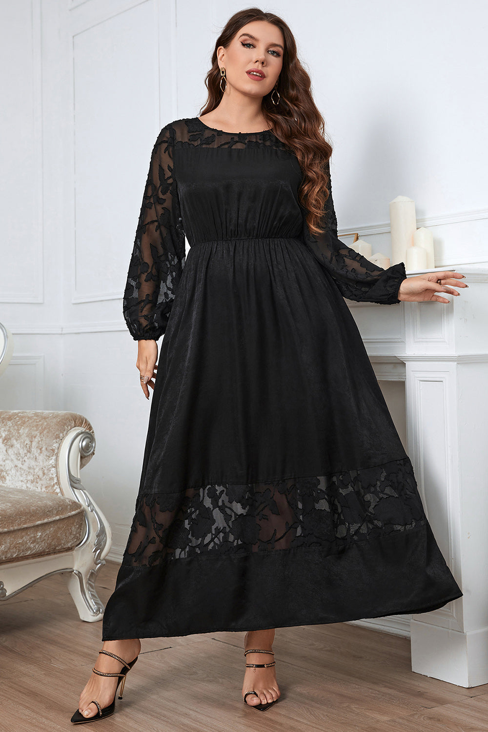 Negro Talla Grande Mangas Largas Cuello Redondo Vestido de Verano