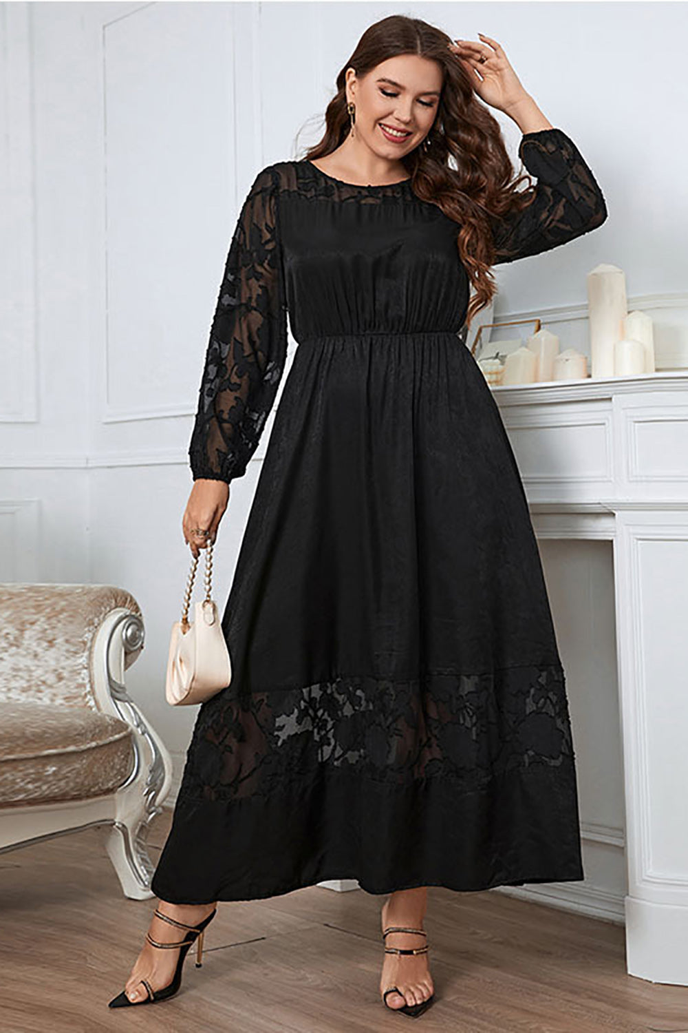 Negro Talla Grande Mangas Largas Cuello Redondo Vestido de Verano