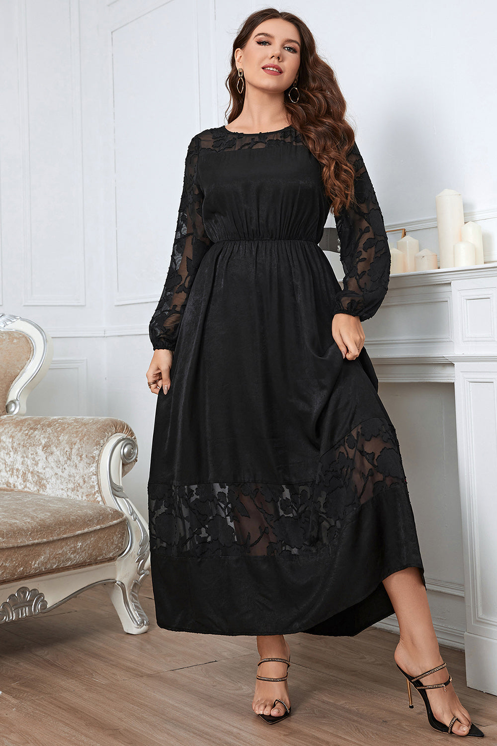 Negro Talla Grande Mangas Largas Cuello Redondo Vestido de Verano