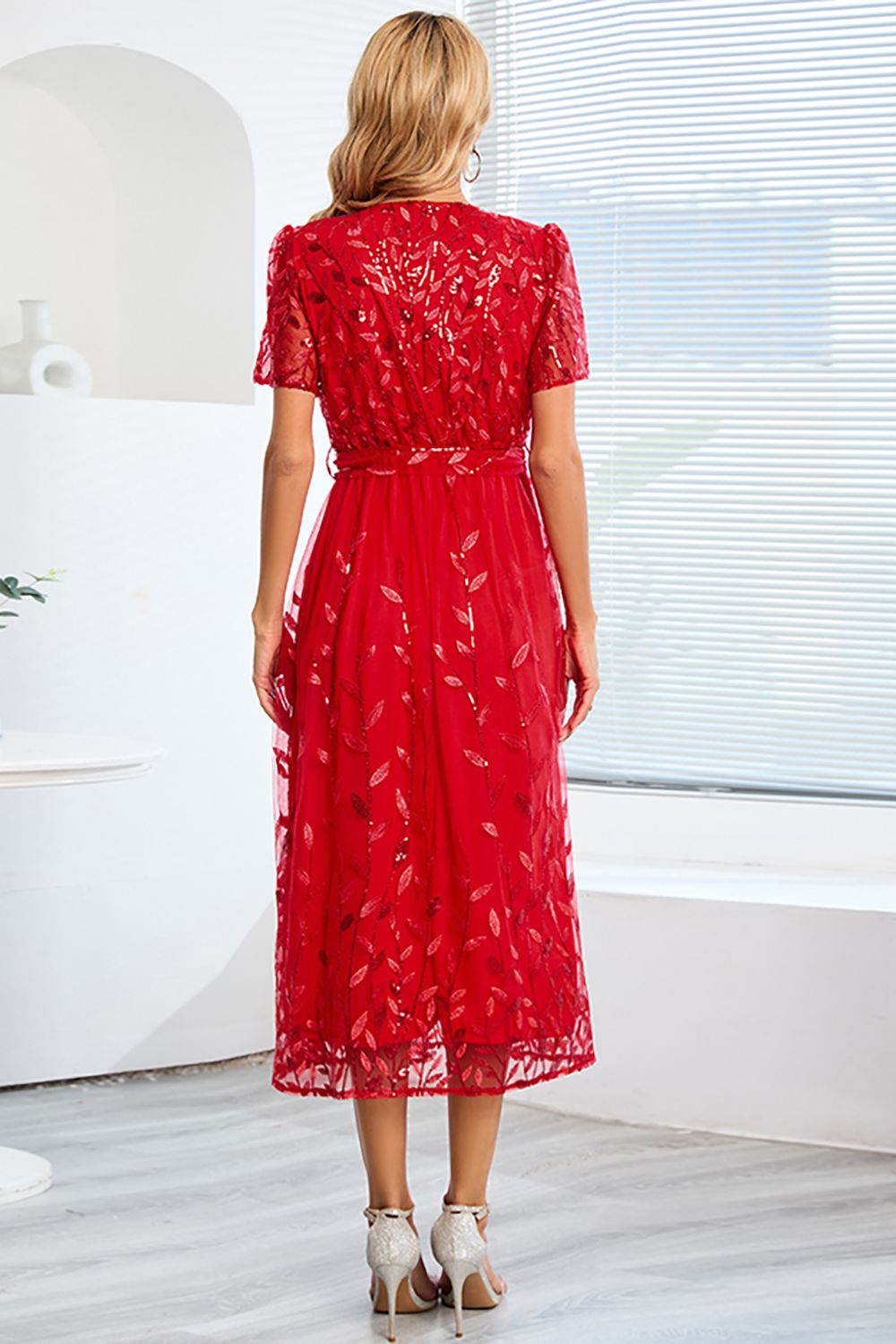A-Line Blush Vestido Casual con mangas cortas