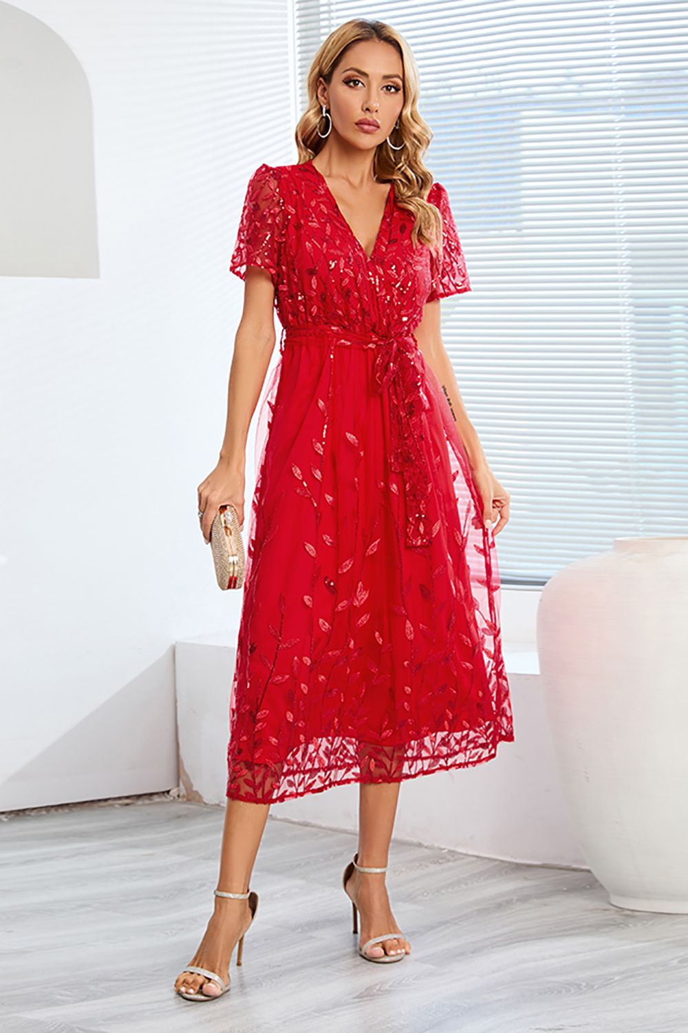 A-Line Blush Vestido Casual con mangas cortas