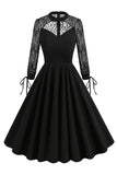Negro Una línea Mangas largas Vestido de la década de 1950 con encaje