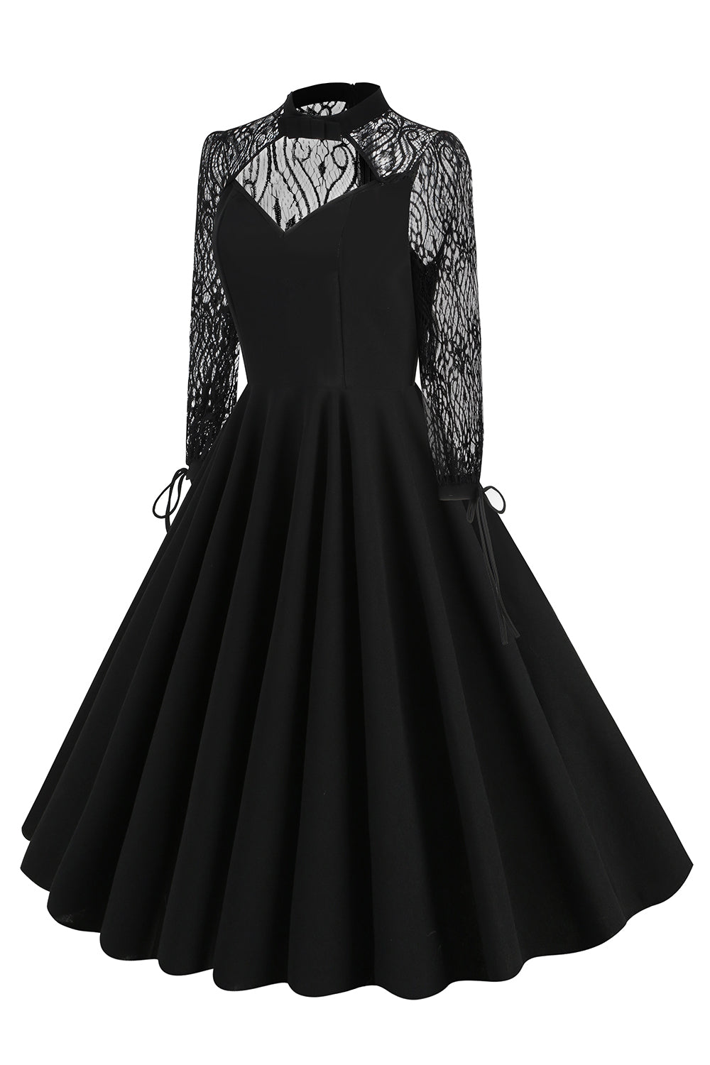 Negro Una línea Mangas largas Vestido de la década de 1950 con encaje