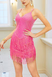 Sutil lentejuelas fucsia Spaghetti Straps Vestido corto de cóctel con flecos