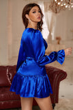 V-Neck Royal Blue Short Homecoming Dress Mangas largas