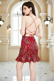 Vestido de cóctel Borgoña con cordones con apliques