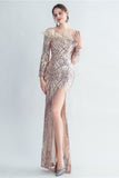 Sparkly Off The Shoulder Selentejuelas Golden Prom Vestido con plumas