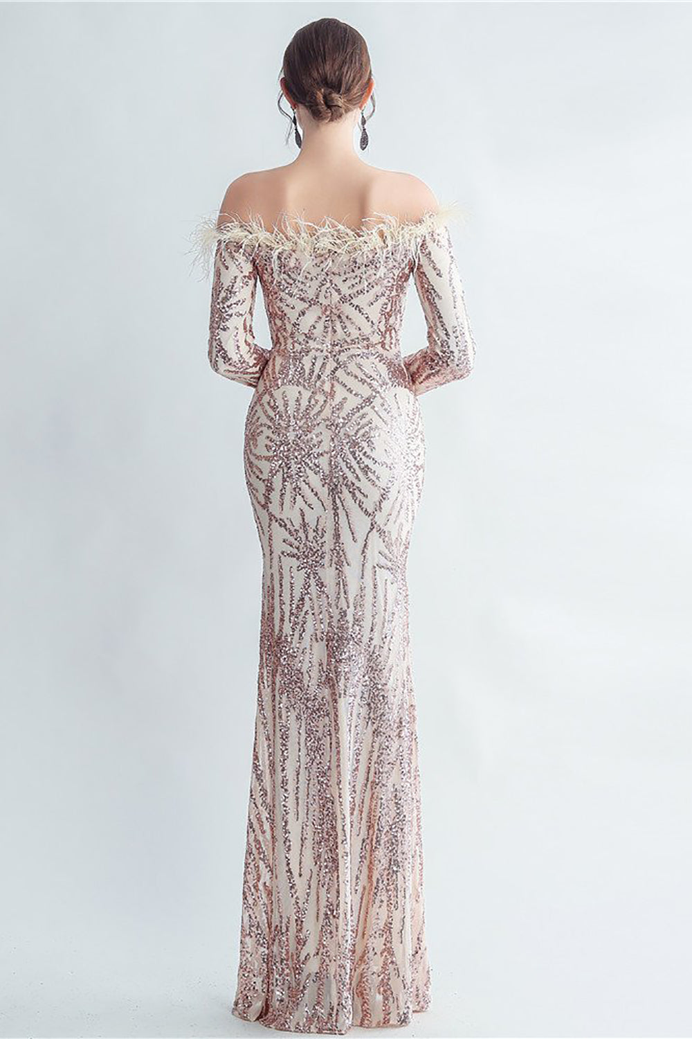 Sparkly Off The Shoulder Selentejuelas Golden Prom Vestido con plumas