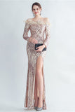 Sparkly Off The Shoulder Selentejuelas Golden Prom Vestido con plumas