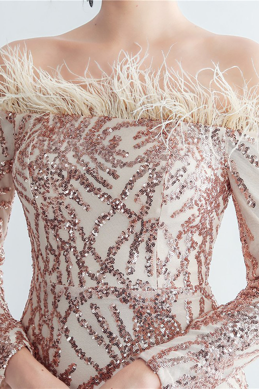 Sparkly Off The Shoulder Selentejuelas Golden Prom Vestido con plumas