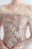 Sparkly Off The Shoulder Selentejuelas Golden Prom Vestido con plumas