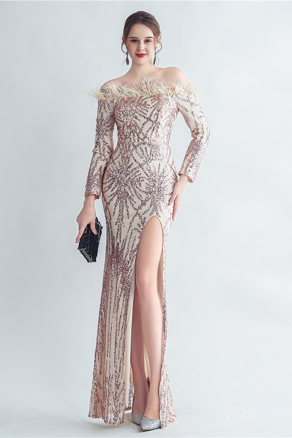 Sparkly Off The Shoulder Selentejuelas Golden Prom Vestido con plumas