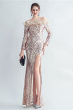 Sparkly Off The Shoulder Selentejuelas Golden Prom Vestido con plumas
