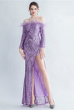 Sparkly Off The Shoulder Selentejuelas Golden Prom Vestido con plumas