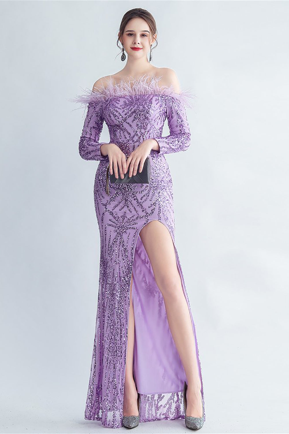 Sparkly Off The Shoulder Selentejuelas Golden Prom Vestido con plumas
