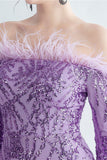 Sparkly Off The Shoulder Selentejuelas Golden Prom Vestido con plumas