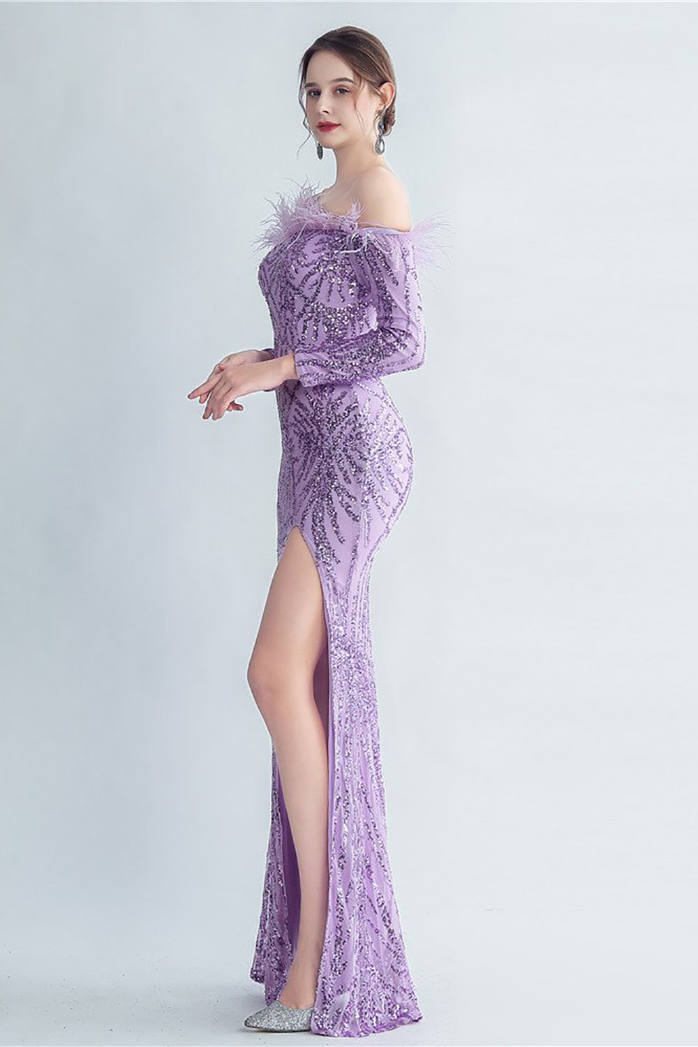 Sparkly Off The Shoulder Selentejuelas Golden Prom Vestido con plumas