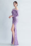 Sparkly Off The Shoulder Selentejuelas Golden Prom Vestido con plumas