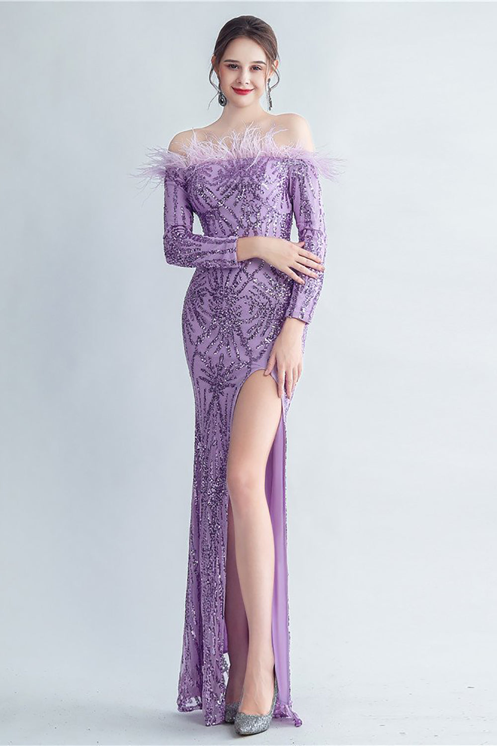 Sparkly Off The Shoulder Selentejuelas Golden Prom Vestido con plumas
