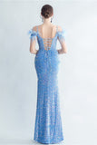 Cold Shoulder Selentejuelas Corsé Azul Vestido de Graduación con Plumas