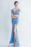 Cold Shoulder Selentejuelas Corsé Azul Vestido de Graduación con Plumas