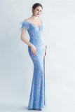 Cold Shoulder Selentejuelas Corsé Azul Vestido de Graduación con Plumas