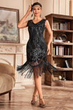 Vestido flapper con flecos de lentejuelas trenzadas doradas negras de la década de 1920