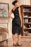 Vestido flapper con flecos de lentejuelas trenzadas doradas negras de la década de 1920