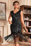 Vestido flapper con flecos de lentejuelas trenzadas doradas negras de la década de 1920