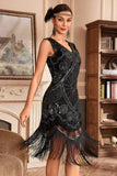 Vestido flapper con flecos de lentejuelas trenzadas doradas negras de la década de 1920