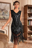Vestido flapper con flecos de lentejuelas trenzadas doradas negras de la década de 1920