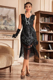 Vestido flapper con flecos de lentejuelas trenzadas doradas negras de la década de 1920