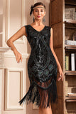 Vestido flapper con flecos de lentejuelas trenzadas doradas negras de la década de 1920