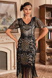 Vestido negro de champange con escote en V con flecos de Gatsby de la década de 1920 con lentejuelas