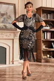 Vestido negro de champange con escote en V con flecos de Gatsby de la década de 1920 con lentejuelas