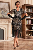 Vestido negro de champange con escote en V con flecos de Gatsby de la década de 1920 con lentejuelas