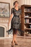 Vestido de Gatsby de la década de 1920 con flecos dorados negros con escote en V y lentejuelas