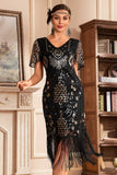 Vestido negro de champange con escote en V con flecos de Gatsby de la década de 1920 con lentejuelas