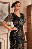 Vestido negro de champange con escote en V con flecos de Gatsby de la década de 1920 con lentejuelas