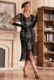 Vestido negro de champange con escote en V con flecos de Gatsby de la década de 1920 con lentejuelas
