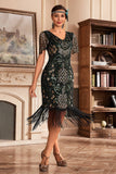 Vestido negro de champange con escote en V con flecos de Gatsby de la década de 1920 con lentejuelas