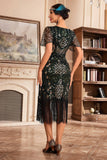 Vestido de Gatsby de la década de 1920 con flecos de escote en V verde oscuro con lentejuelas