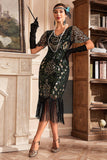 Vestido de Gatsby de la década de 1920 con flecos de escote en V verde oscuro con lentejuelas