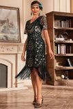 Vestido de Gatsby de la década de 1920 con flecos dorados negros con escote en V y lentejuelas
