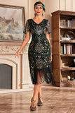 Vestido negro de champange con escote en V con flecos de Gatsby de la década de 1920 con lentejuelas