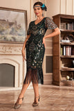 Vestido de Gatsby de la década de 1920 con flecos dorados negros con escote en V y lentejuelas